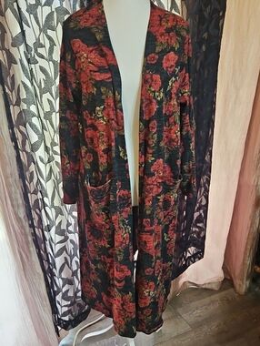 LuLaRoe Black Floral Knit Top with Muted Pink Accents